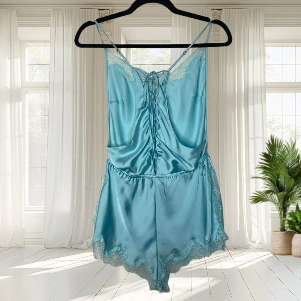 Victoria's Secret Medium Satin Side-Tie Teddy Romper Bodysuit Lace Blue - Picture 3 of 15